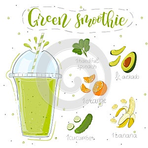 Green smoothie recipe. With illustration of ingredients. Hand draw spinach, avocado, orange, banana, cucumber. Doodle