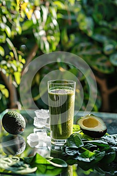 Green smoothie with spinach, avocado, and ice on a table,. Generated AI