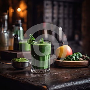 Green Smoothie On Stone In Rustic Pub. Generative AI