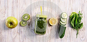 Green smoothies with vegetables and fruits. Detox Day. Slimming and excretion of slag. Healthy eating.
