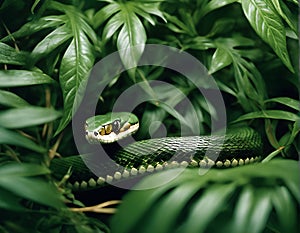 Green Snake Amidst Lush Green Bushes