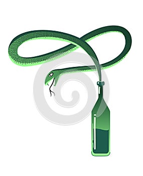 Green Snake from the bottle with alcohol as symbol of alcoholism. Much alcohol harms health. Decorative corner