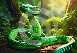 Green snake coiling in greenery of highland forest photo