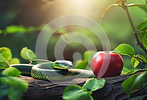 a green snake eating an apple sitting on a tree branch