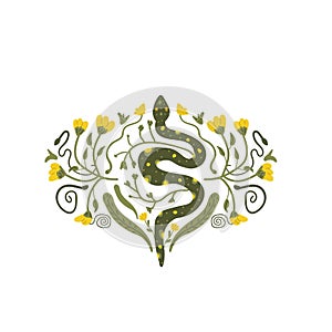 Green snake retro composition with flowers. Vector hand drawn illustration