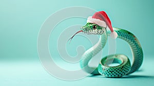 Green snake with a Santa hat coiled on turquoise background. Playful holiday concept for unique Christmas decorations