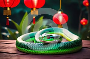 Green snake. Symbol of Chinese New Year 2025 green snake. Red chinese lanterns on background, soft focus