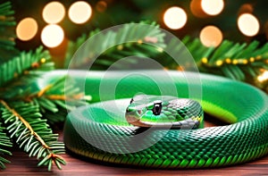 Green snake on wooden background with spruce branches and bokeh on background. New Year and Christmas websites, apps and