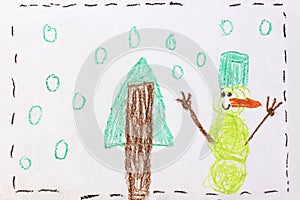 Green snowman green Christmas tree and green snowflakes. Real drawing of a small child. Drawing by pencil