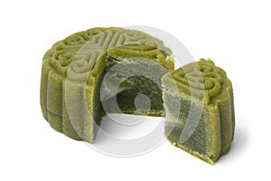 Green Snowskin or Crystal Skin Mooncake for Mid-Autumn Festival isolated on white background
