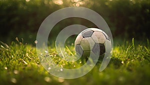 Green soccer ball rolls on grassy meadow generated by AI