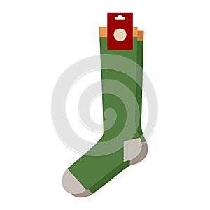 Green socks with logo tag hosiery crew length. Fashion accessory clothing technical illustration stocking. Vector