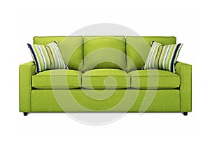 Bel verde divano con cuscini su sfondo bianco.