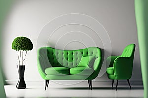 Green sofa and armchair in a living room with a background of an empty white wall