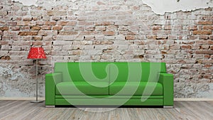 Green Sofa On Brick Wall Vintage Room 3d rendering