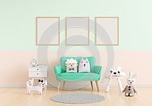 Green sofa in child room with frame mockup, 3D rendering