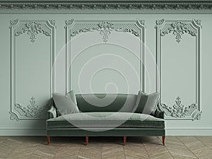 Green sofa in classic vintage interior with copy space