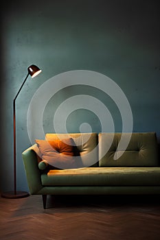 Green sofa and floor lamp in living room. 3D render.