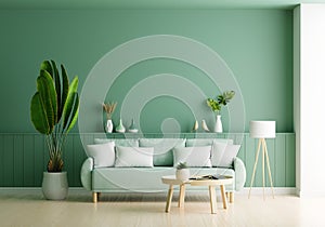 Green sofa in green living room with copy space, 3D rendering