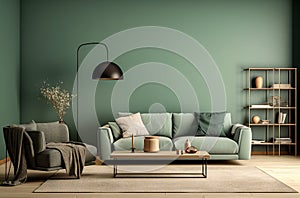 Green sofa and home decorations in a modern living room with a green feature wall