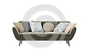 Green sofa isolated on white background. Front view. Modern furniture. Beautiful couch, contemporary style. 3D rendering