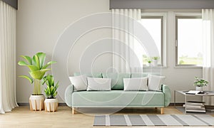 Green sofa in living room interior, 3D rendering