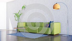 Green sofa in minimalistic living room interior 3D