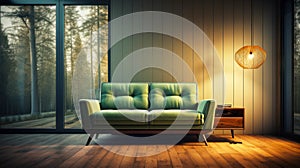 Green sofa in a modern living room with big window on forest. 3D rendering. Vintage style.