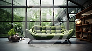 Green sofa in a modern living room with big window on forest. 3D rendering. Vintage style.