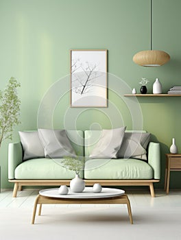 Green sofa in modern living room. Contemporary interior design of room with mint wall and coffee table. Home interior