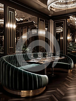 A green sofa sitting in a room next to a table in a stylish expensive restaurant with plants. AI generated