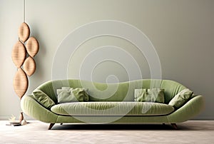 Green sofa and wooden decor accent piece near empty wall with copy space for text. Minimalist interior design of modern living