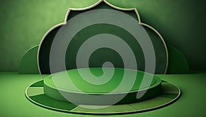 Green soft pastel podium ramadhan Background. islamic ornament on green Carpet Background. Generative ai photo