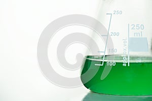 Green solution in science glass flask at chemistry laboratory white background