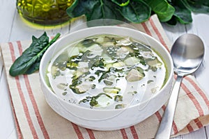 Green soup with spinach meat, potato and egg (green borscht)