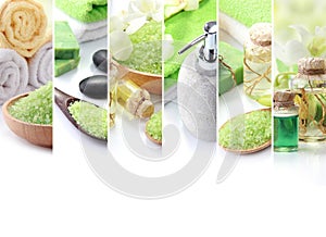Green spa concept collage. soap and essensials spa objects