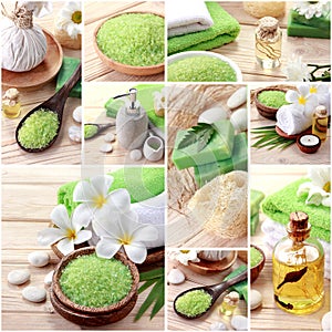 Green spa concept collage. soap and essensials spa objects