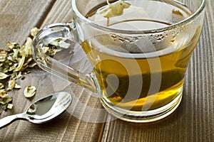 Cup with green tea on wooden background.