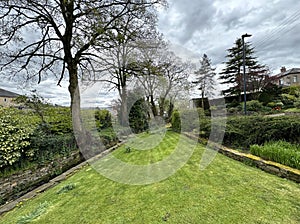 Green space, with a sloping lawn, plants and bushes in, Bradley, Keighley, UK