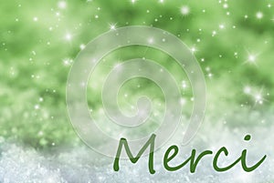 Green Sparkling Christmas Background, Snow, Merci Means Thank You