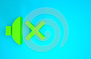 Green Speaker mute icon isolated on blue background. No sound icon. Volume Off symbol. Minimalism concept. 3d