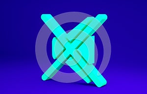 Green Speaker mute icon isolated on blue background. No sound icon. Volume Off symbol. Minimalism concept. 3d