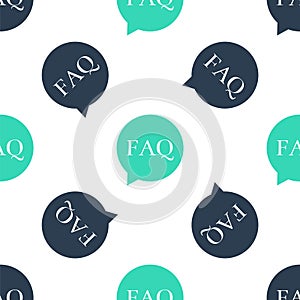 Green Speech bubble with text FAQ information icon isolated seamless pattern on white background. Circle button with