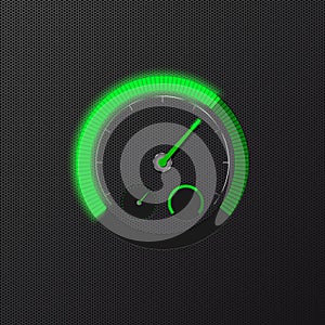 Green speedometer on carbon background