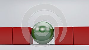 Green sphere standing out in the red cubes concept