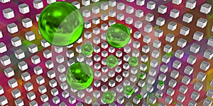 Green spheres flying in a tech space