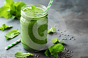 Green spinach smoothie. Green vegetable juice on rustic wood table. Blended green smoothie. Healthy breakfast with green smoothie