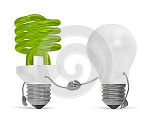 Green spiral light bulb character and white tungsten one handshaking