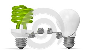 Green spiral light bulb and white tungsten one fighting