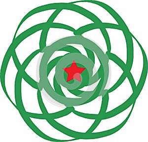 Green spiral with a red star in the center resembling a galaxy or a Christmas ornament